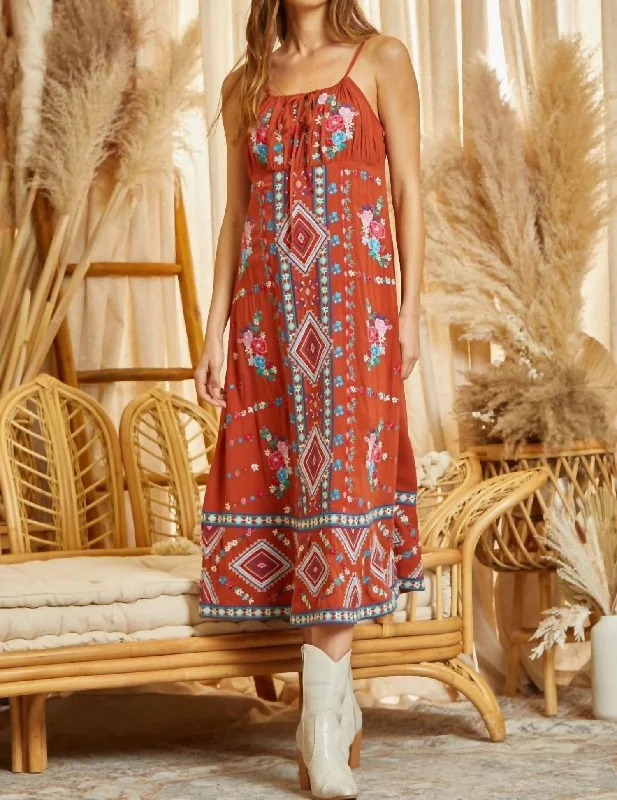 Essentials On Sale Flash Sale Embroidered Midi Dress With Tie Front Details In Rust