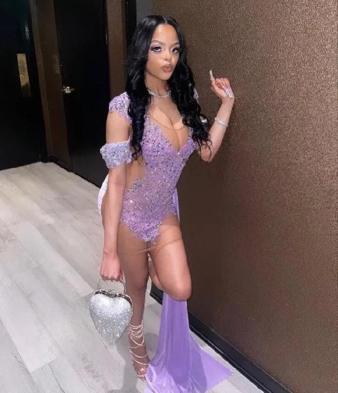 Timeless Style Promotions Hollywood Glam Award - Show Style Purple Velvet Short Prom Dress for Black Girl Sparkly Diamond Crystal Beaded Sheer Mesh Birthday Homecoming Queen Gown