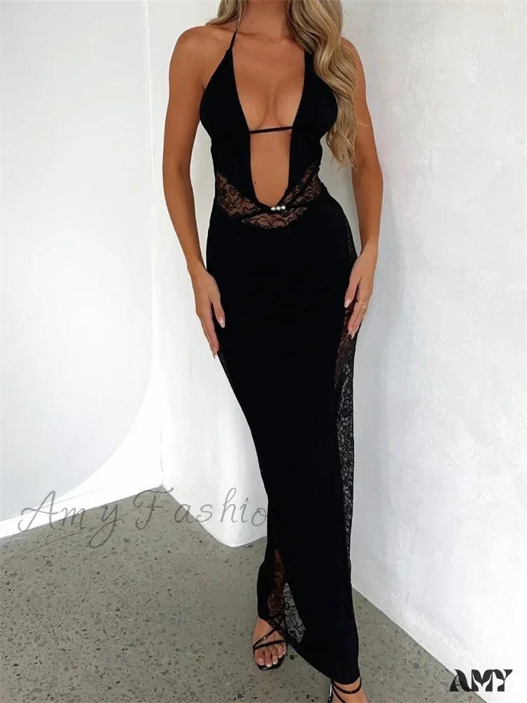 Sophisticated Style Offers Feminine Elegant Amy Fashion - Women Summer Deep V-neck  Black Sleeveless Strap Backless Halter Off Shoulder Lace Floral Party