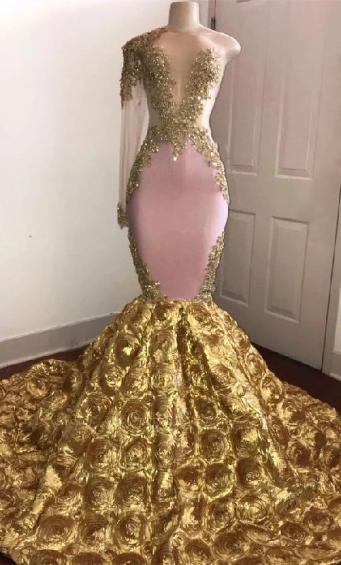 Style Without Limits Soft Textures Stunning Gold Floral One Sleeve Mermaid Prom Dresses | African Prom Gowns   cg17475