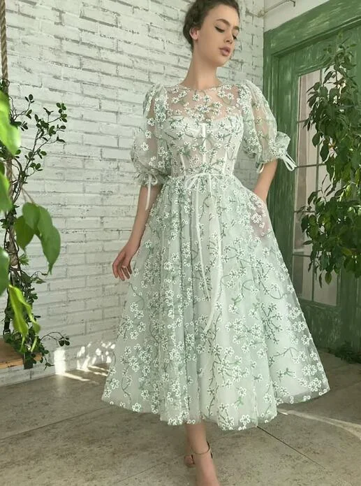 Hot Trends Elegant Ensemble Fairy  Green floral  Prom Dress Ball Gown, Vintage Tea-length   Homecoming Dress PD3619