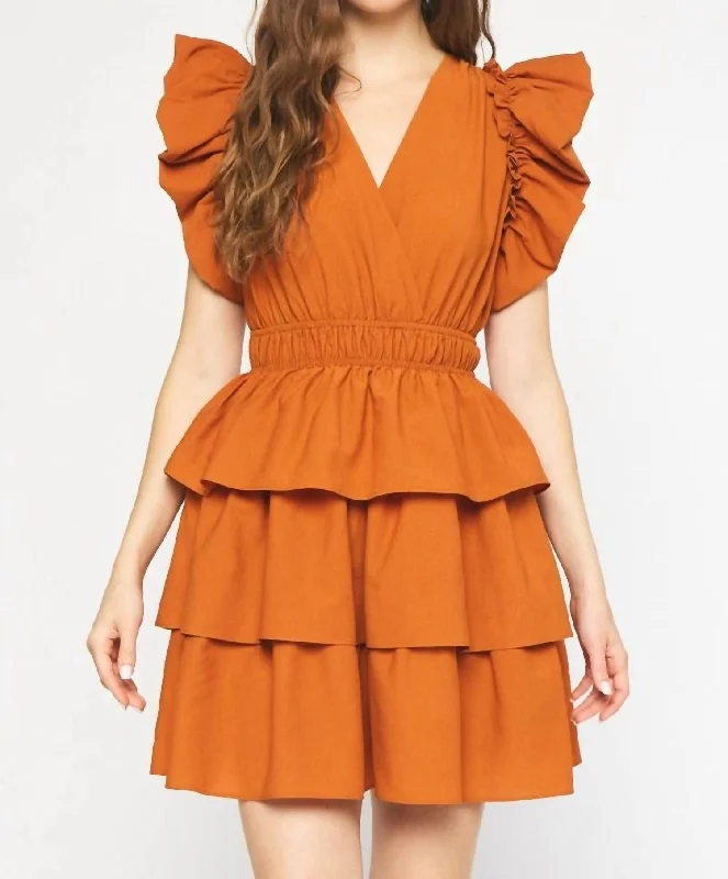 Big Savings Flowy Fabric Ruffle Sleeve Mini Dress In Pumpkin