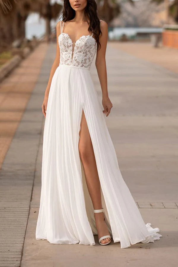 Clearance Sale, All Cheap Alluring Design A-neck V-neck lace patch side slit bohemian beach wedding dress