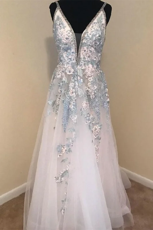 Clearance Sale, All Cheap Tropical Island - Inspired Attire A-line white and blue floral embroidered long prom dress formal dress    cg20430