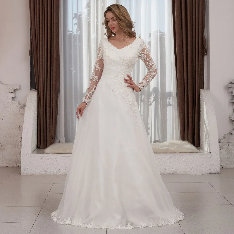 Luxury Casual Deals Limited - Stock Classic Sheer Long Sleeve V-neck Tulle Lace Wedding Dress