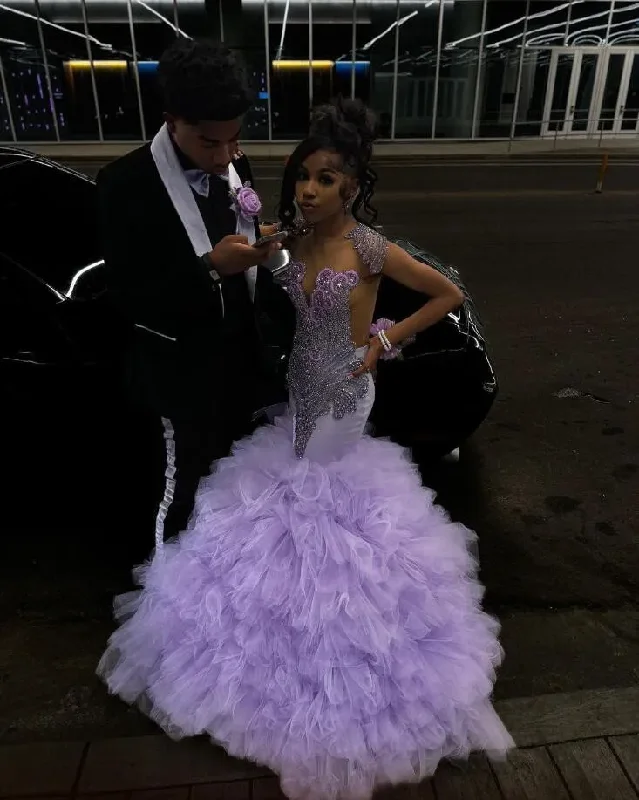 Discover Now Effortless Grace Lilac Lavender Sparkly Mermaid Prom Ceremony Party Dresses for Black Girl Luxury Diamond Crystal Ruffles Evening Gala Gown