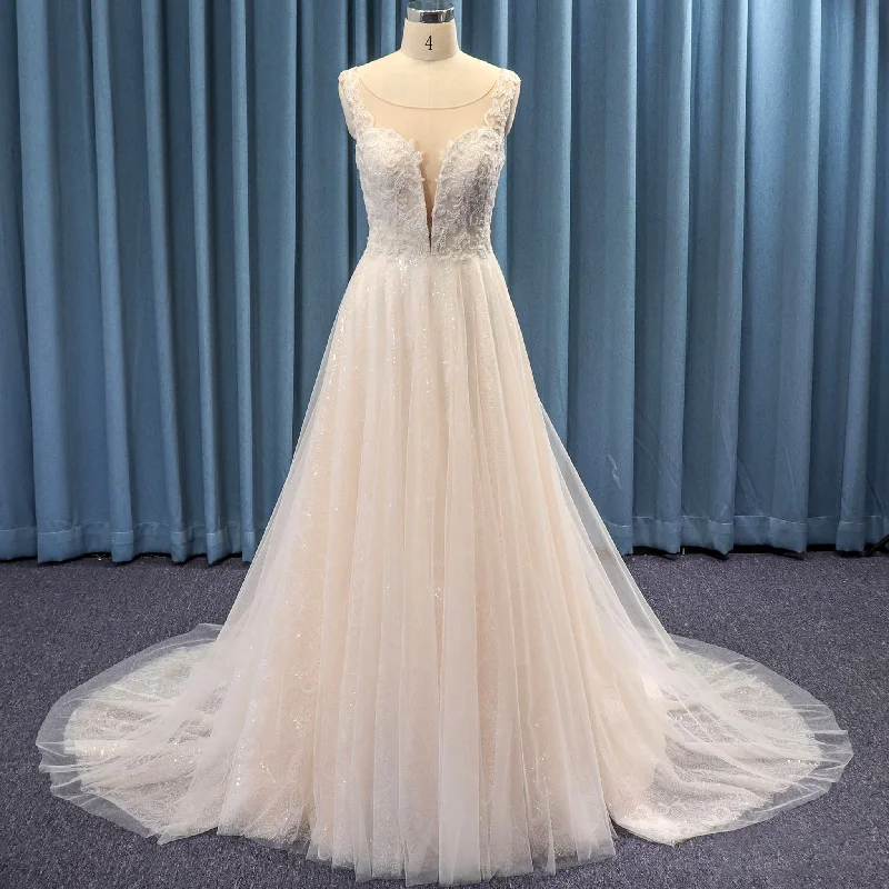 Unleash Your Style Floral Style Sparkly Sheer Neck Tulle Lace A-line Backless Wedding Dress