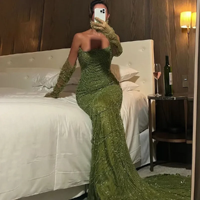 Summer Deals Effortless Sophistication Luxury Olive Green Beaded Mermaid Evening Dress Sexy Strapless With Gloves For Women Party Gown