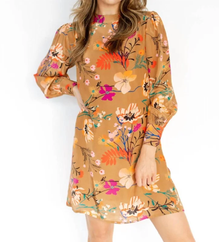 Essentials On Sale Floral Style Mock Neck Mini Dress In Woodland Mocha