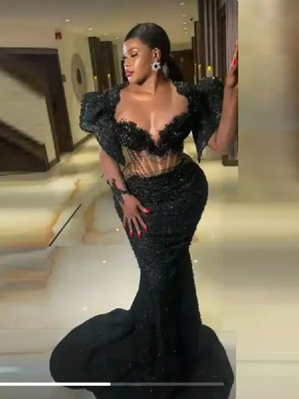 Fashion Forward, Function First Art Deco Geometric Pattern Look Black Lace Mermaid Prom Dresses Sexy See Through Long Sleeves Aso Ebi African Evening Gowns Women Formal Occasion Party Dress