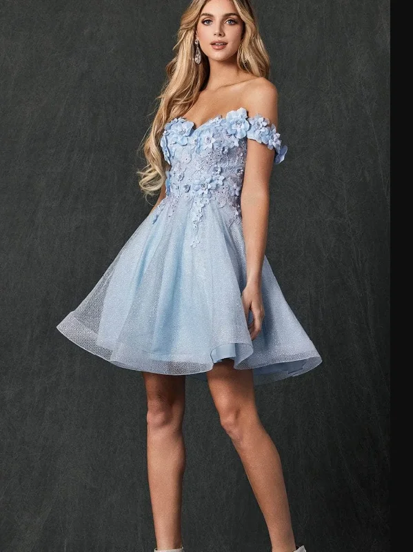 Stylish Savings Contemporary Chic Tulle Off the Shoulder Light Blue Homecoming Dresses 2024 With 3D Floral