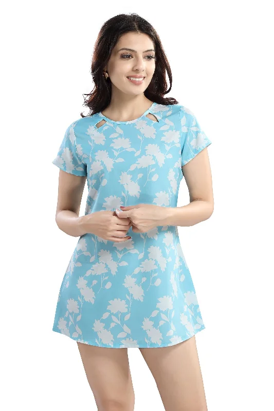 Hot Items Vintage Elegance Cherrylavish  Blue & White Floral Crepe Mini A-Line Dress With Cut-outs