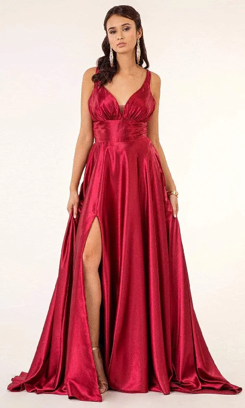 Stupidly Low Prices Chic Sophistication Elizabeth K - GL2963 Deep V-Neck Satin A-Line Dress with Slit