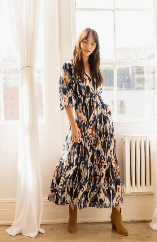 Mega Sales Elegant Details Tiered Woven A-Line Maxi Dress | Ikat Print