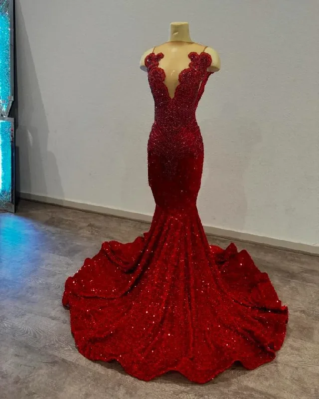 Spring Offer Feminine Allure Red Sparkly Long Mermaid Prom Birthday Gala Dresses for Black Girl Luxury Diamond Velvet Evening Gown vestidos de 15 años