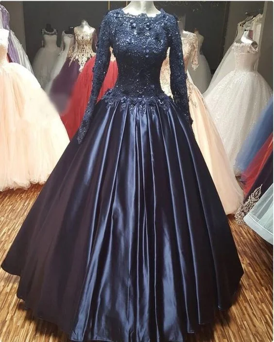 Shop Sale Items Final Clearance Elegant Navy Blue Ball gown 3D Floral Prom Dress, Long Sleeves Lace Satin Prom Dresses   cg16743