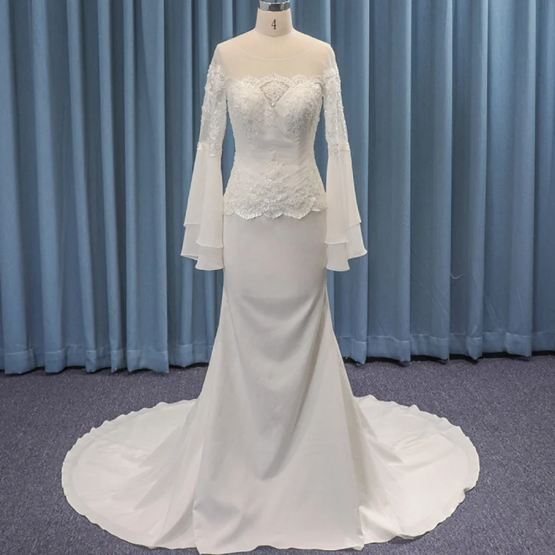 Limited Stock, Big Discounts Limited - Edition Drops Sheer Long Sleeve and Scallop Neckline Trumpet Wedding Dress