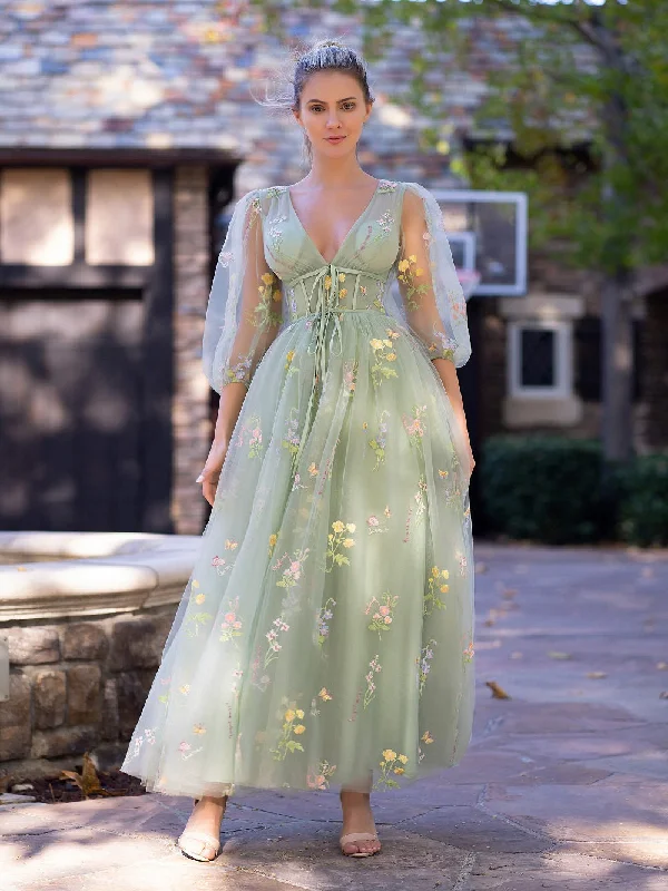 Fashion Essentials Classic Appeal Sweetheart Embroidery Prom Dress Women A Line Tea-Length Green Tulle Puff Sleeves Floral Corset