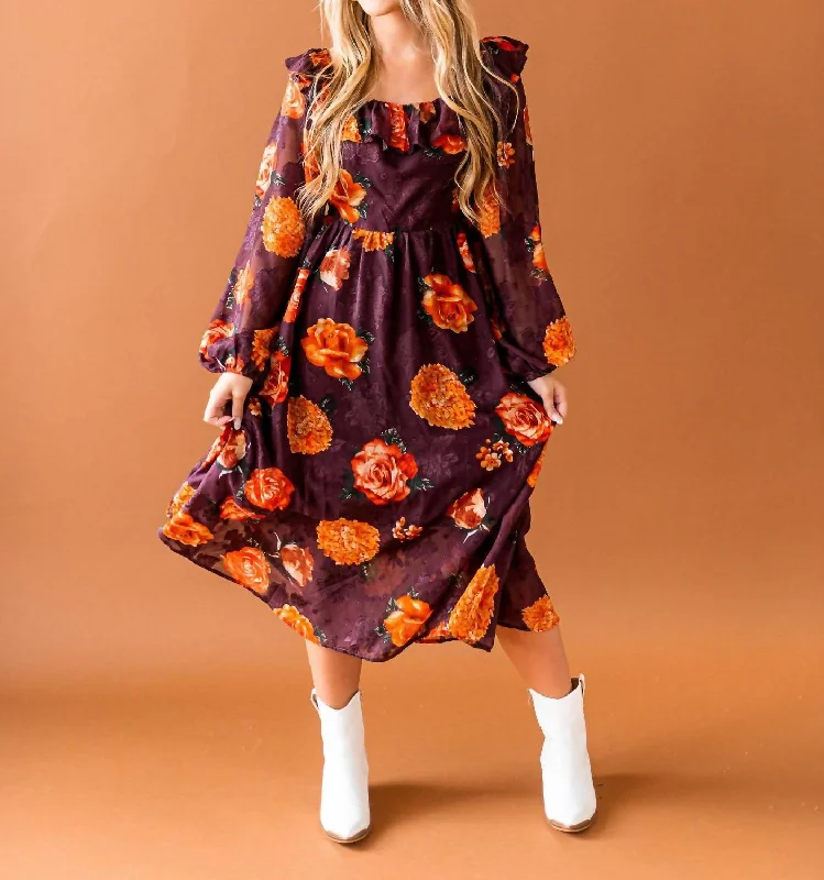 Fashionable Comfort Promotions Great Deals on Ethnic Cultural Wear Field Of Flowers Midi Dress In Wine