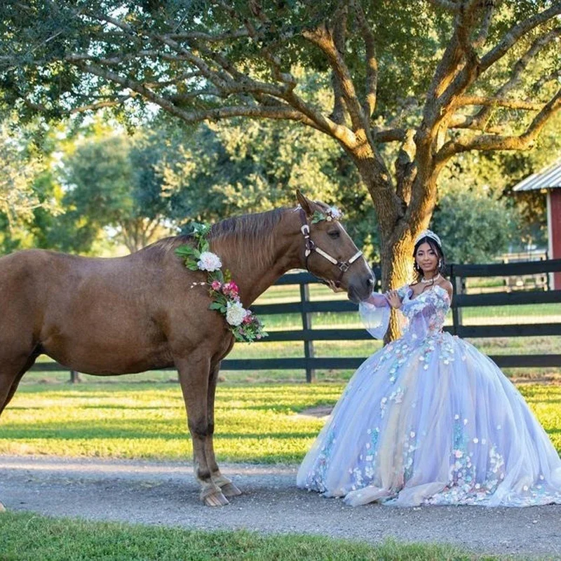 Ends Soon Graceful Cut Blue Sweetheart Ball Gown Quinceanera Dresses Sweet 16 Sexy Off-Shoulder 3D Flower Applique Lace Birthday Princess Party Gowns