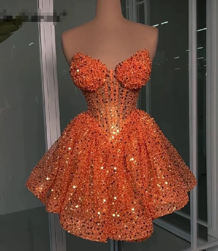 The Latest Fashion Trends Bold Patterns Glitter Orange Sweetheart Prom Dresses Beads Sequins Pearls Luxury Cocktails Dress Homecoming Birthday Party Gowns