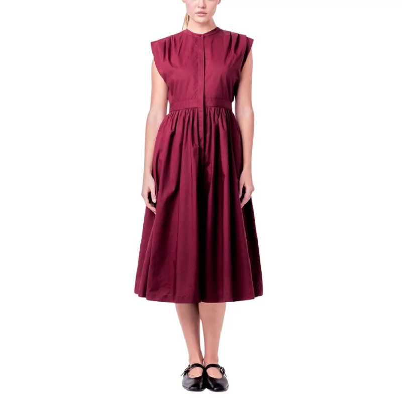 Shop Sales Chic Sophistication Pleated Shoulder Midi Dress In Burgundy