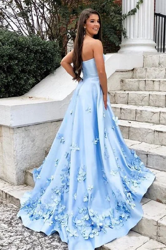 Boutique Styles Final Clearance Sweetheart Sky Blue Long Satin Cheap Prom Dresses with 3D Floral Applique   cg19178