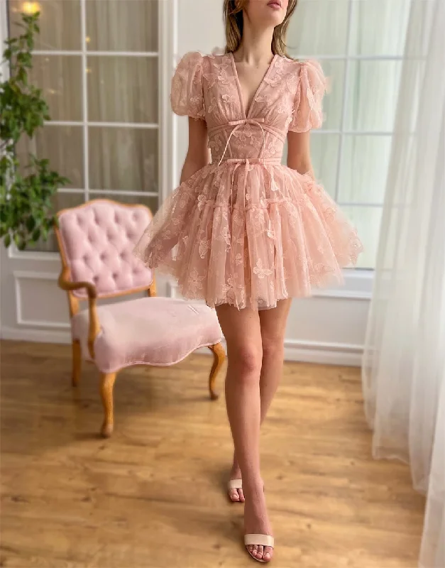 Sophisticated Fashion Everyday Glamour Lace V-neck Homecoming Dresses for Teens Short Sleeve Mini Dress Appliques Lace-up Puffy Backless A-line Formal Ball Party Gowns