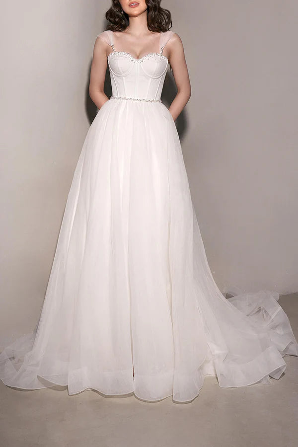 Trend Alert Feminine Elegance A Line Sweetheart Pearl sheer minimalist wedding dress