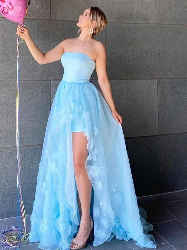 Exclusive Discounts Subtle Sophistication High Low Strapless Light Blue Floral Long Prom Dresses with Slit       cg23714