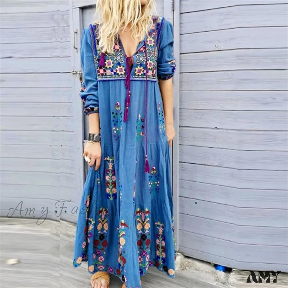 Contemporary Fashion Sale Elegant Details Amy Fashion - Bohemian Flower Elegant Long Floral V Neck Boho Dress