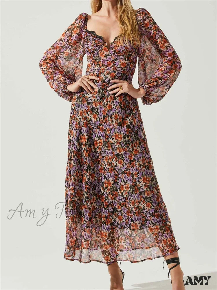 Limited Time Offers Nordic Minimalist Home Look Amy Fashion - Women Spring Fall Vintage  Floral Print V-neck  Puff Sleeve Fashion Backless Holiday Vestido