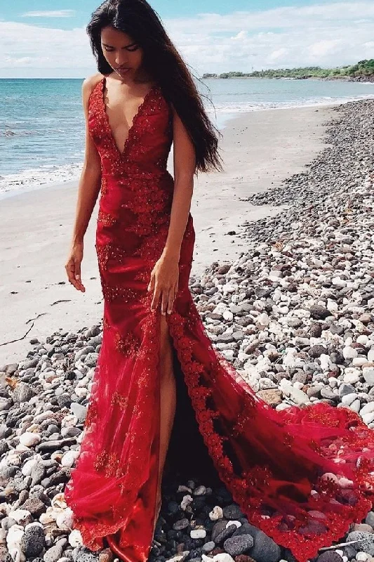 Trendy Women'S Wear Collection Graceful Drape Mermaid V Neck Red Beaded Lace Floral Prom Dress   cg16222