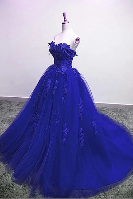 The Latest Trends Formal Outfit Gorgeous Blue Lace Floral Long Prom Dress, Blue Appliques Formal Evening Dress, Blue Ball Gown   cg21807