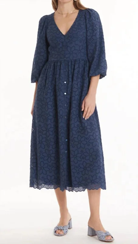 Urban Style Promotions Timeless Elegant Eyelet Midi Dress In Navy