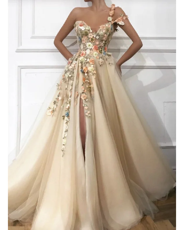 Save Big Graceful Cut Beautiful A Line Tulle Skit Formal Dress Sweet 15 Dress Off the Shoulder Beige Bude Long Floral Prom Dress with Slit Leg PL01125