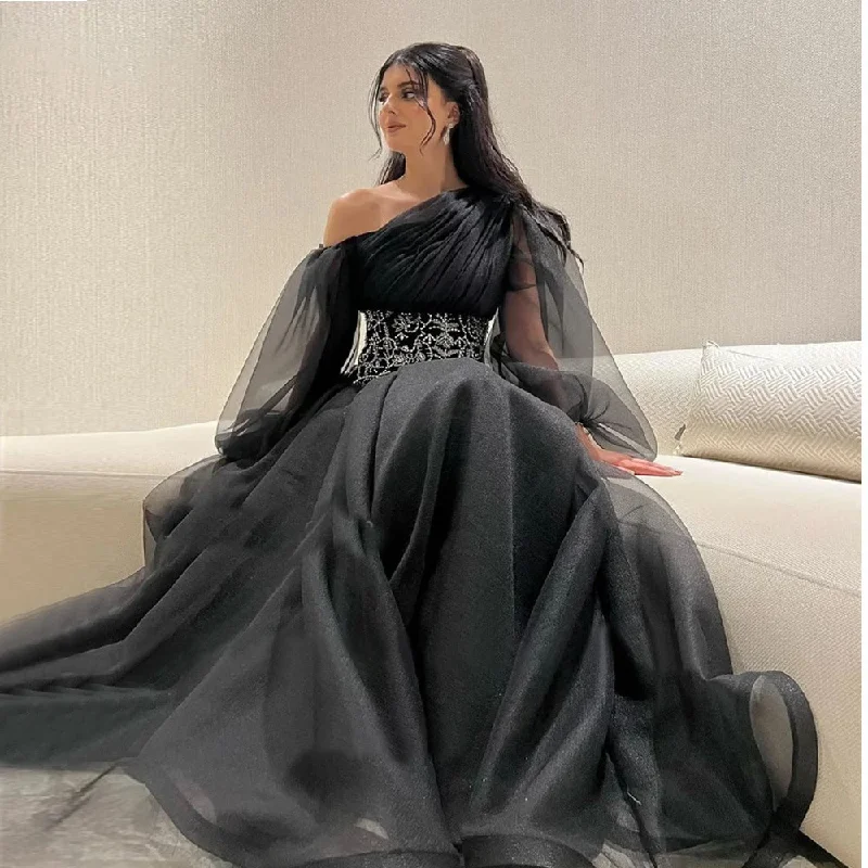 Statement Fashion Offers Hollywood Glam Award - Show Style Modern Dubai Arabic Women Black Evening Dresses Organza Puff Long Sleeves Crystal Belt Prom Gowns Formal Party Gown