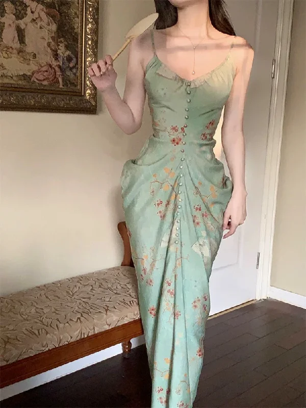 Romantic Chic Deals Weekend Special Modest Sheath Spaghetti Straps Green Floral Long Prom Dresses Backless Evening Dress C2337