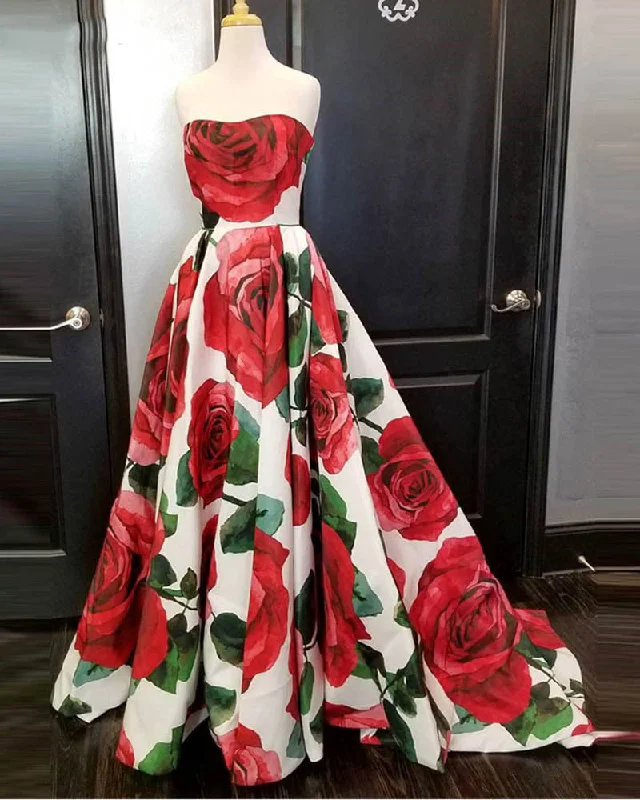 Easy Elegance Sales Hollywood Glam Award - Show Style Elegant Strapless Floral Print Prom Dresses Girls Formal Wear 2019