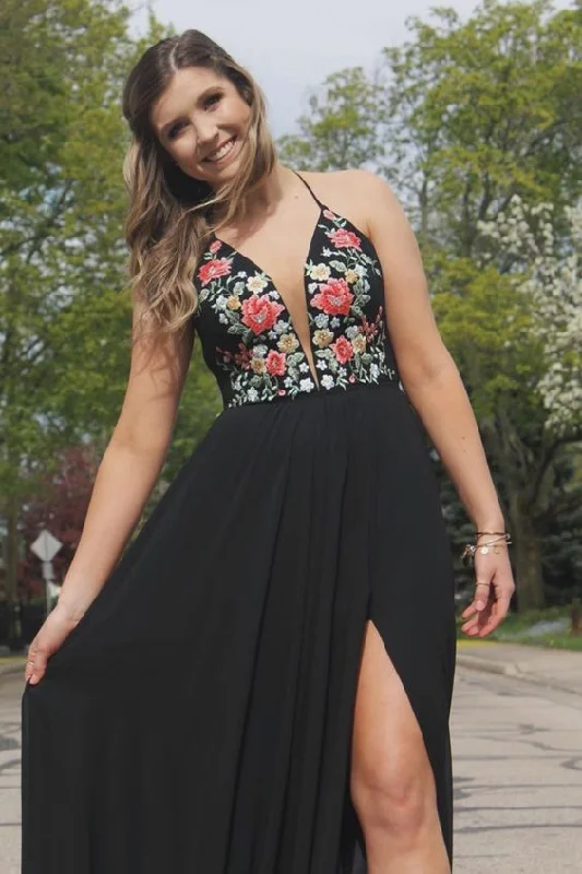 Chic Trend Collection Polished Finish Black Long Prom Dress with Floral Embroidery   cg18328