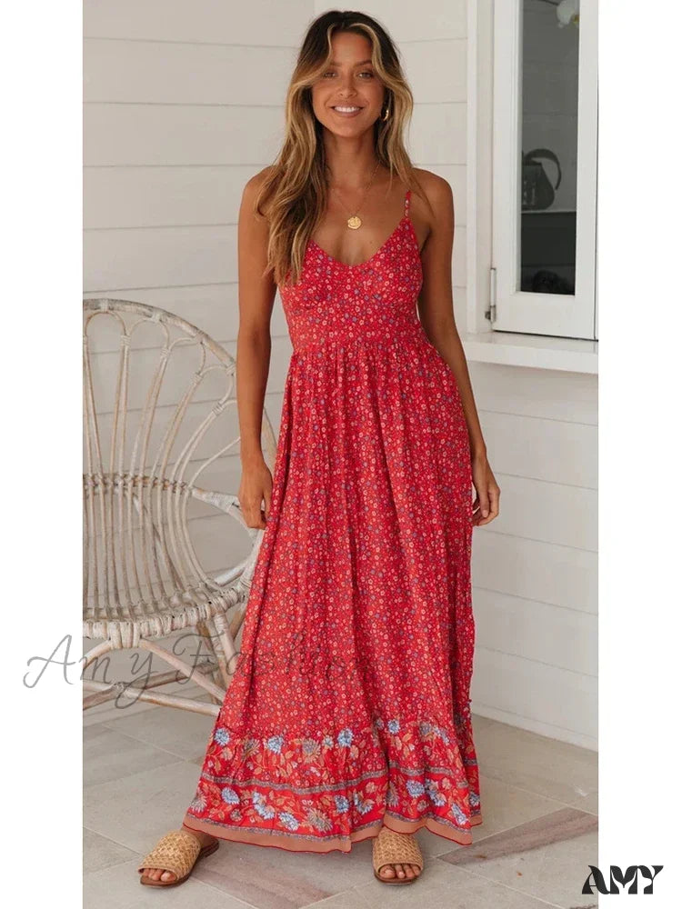 Statement Fashion Offers Casual Elegance Amy Fashion - Elegant Floral V-Neck Sleeveless Boho Dress