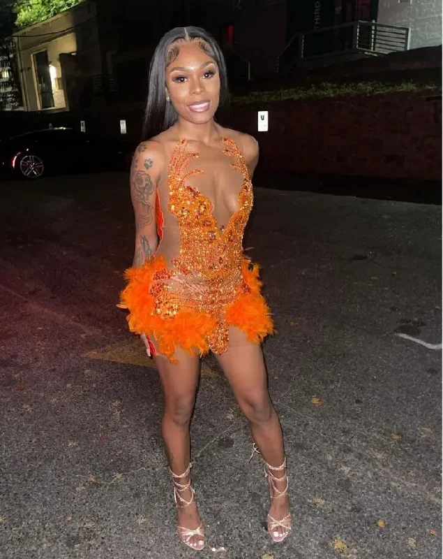 Exclusive Designer Style Deals Statement Piece Orange Sparkly Short Prom Homecoming Dresses for Black Girl Sheer Mesh Luxury Diamond Feather Evening Birthday Gala Gown