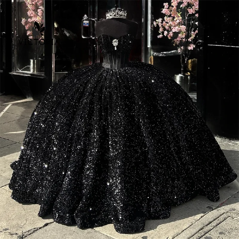 Latest Trends Sleek Design Black Sequin Corset Quinceanera Dress Ball Gown Dress 18th Birthday Silver Rhinestones Debut vestido de charra 15 años Sweet 15