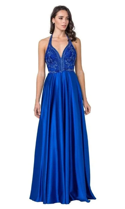 Sophisticated Street Style Offers Vintage Retro Party Wear Trevi Collection - L2405 Ornate Plunging Halter Satin Dress