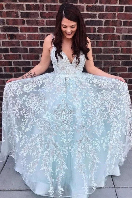 Style Upgrade Fashion-Forward Style A Line V Neck Backless Blue Lace Floral Long Prom Dress, Blue Lace Formal Dress, Blue Evening Dress   cg16148