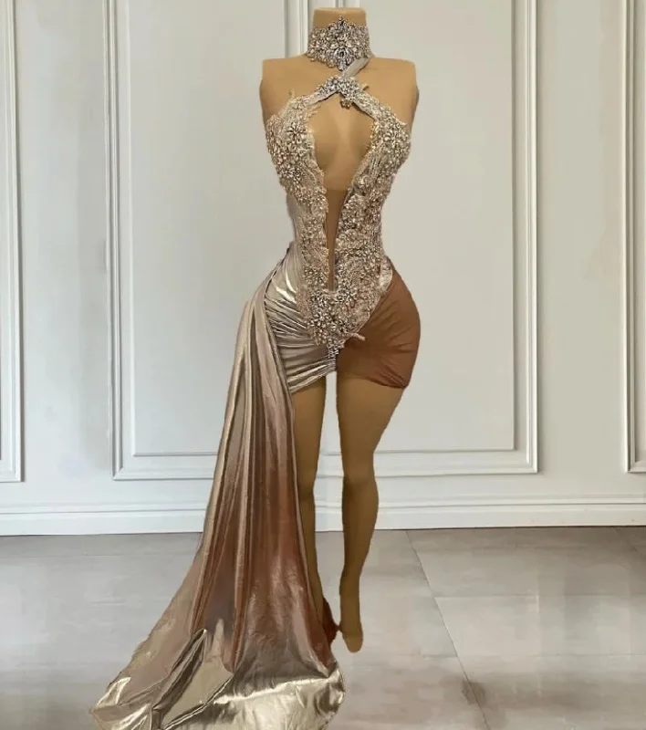 Quick Grab Deals Dreamy Aesthetic Luxury Short Prom Dress For Women High Neck Diamond Dresses For Your Birthday Beading Party Gowns Vestidos De Graduación