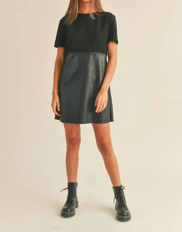 Fashionista Favorites Elegant Details Stitch It Up Suede & Faux Leather Shift Mini Dress In Black