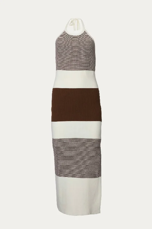 Street Chic Discounts Effortless Comfort Halterneck Ribbed-Knit Midi Dress In Ivory/dark Chocolate