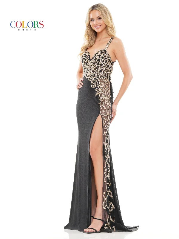 Dive Into Trendy Styles Floral Style Colors 3306 Long Beaded Mesh Front Slit Cross Back Satin Prom Dress