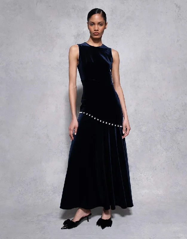 Summer Deals Casual Weekend Relaxed Style Sole Velvet Maxi Dress - Navy